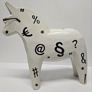 Vintage Wooden Ikea Dala Horse with Glasses and Keyboard Symbols White Black